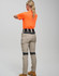 Light beige work pants featuring a stretch design and a black waistband, paired with an orange shirt. The image has a logo.