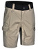 Work shorts in light beige, featuring a black waistband and side pockets, with a logo on the leg.