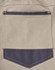 A close-up of a beige work pant's back pocket with a dark navy patch and visible stitching details.