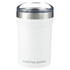 A drink bottle in white and silver, featuring a clear lid and a logo. Ideal for keeping beverages hot or cold.