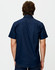 A navy short-sleeved shirt with a back view, featuring a logo on the upper back.