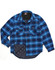 A blue and black quilted flannel shirt featuring a checkered pattern and two chest pockets. It has a brand logo.