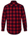A unisex flannel plaid shirt in red and navy, featuring a button-up design and long sleeves. It has a logo on the back.