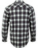 A unisex button-up shirt in a black and grey plaid pattern, featuring long sleeves and a button-up front.