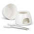 A white mini fondue set featuring a ceramic bowl, base, and two fork utensils.