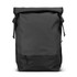 A black Fjord Backpack with a roll-top closure and a front zip pocket, featuring adjustable straps.