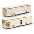 A wooden model bus in a natural finish, featuring detailed cutouts and wheels, with a branded logo.