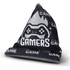 A black and grey bean bag phone holder with a gaming-themed design and a logo.