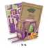 A wooden model of a forklift in purple and orange, accompanied by puzzle pieces and assembly instructions.