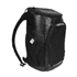 A black cooler backpack with a zippered top, side pocket, and padded straps, featuring a logo.