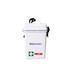 A waterproof white first aid kit with a handle, featuring a logo and a green cross symbol.