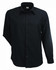 A black long-sleeve button-up shirt for men, featuring a collar and front buttons. The shirt has a logo.