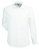 A white long-sleeve button-up shirt for men featuring a collar and a logo.