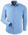 A light blue long-sleeve button-up shirt featuring a branded tag and a single sleeve rolled up.