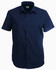 A navy blue short-sleeve button-up shirt featuring a collar and a branded label.