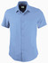 A light blue short-sleeve button-up shirt with a collar and a logo on the label.