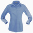 A light blue button-up shirt for ladies with long sleeves and a collar. It features a logo on the label.