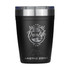 A drink bottle in matte black with a metal rim and a logo featuring outdoor themes. Capacity of 350ml.