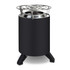 A black campfire cooker with a stainless steel top and three sturdy legs. It has a branding logo on the side.