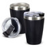 A drink bottle set featuring two black stainless steel vacuum tumblers with silver accents and clear lids.