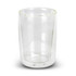 A double wall glass vessel with a clear design, featuring a smooth finish and a branded logo.