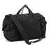 A black duffle bag with carry handles and a detachable shoulder strap, featuring a logo on the side.
