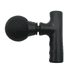A black mini massage gun with a spherical attachment and an ergonomic handle.