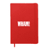 A red A5 notebook with an elastic closure and a logo on the front. It features a ribbon bookmark.