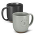 A ceramic mug set featuring a speckled black mug and a speckled green mug, both with contrasting bases and logos.