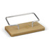 A bamboo business card stand with a silver metal holder, featuring a sleek and modern design.