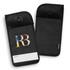 A black lockable phone pouch with a colourful logo and a space for a name. It features a snap button closure.
