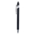 A black metal pen featuring a chrome clip and trim, with a stylus tip at the top. It includes a logo.