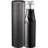 A drink bottle with a silver lid is displayed alongside a black, speckled tube gift box.