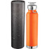 A drink bottle in orange with a stainless steel bottom, paired with a sleek black tube gift box featuring a logo.