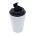 A drink bottle with a white body and black lid, featuring a logo on the side.