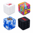 Four textured cubes in various colours: white, vibrant pink and yellow, blue marble, and black, each with a logo.