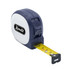 A blue and white tape measure with a branded logo and a yellow measuring tape extended.