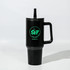 A drink bottle featuring a sleek black design, a handle, and a removable lid with a straw. It has a logo.