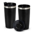 A double wall cup in matte black with a silver band and a clear lid. Two cups are displayed, one with the lid.