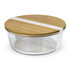 A glass food container with a bamboo lid and a white band, featuring a clear body and rounded design.