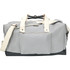 A grey cotton duffel bag with contrasting dark base, featuring two handles and a shoulder strap. It has a front pocket and a logo.