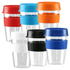 A drink bottle collection featuring Tritan carry cups in red, blue, orange, black, and white with lids and bands.