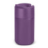 A drink bottle in a solid purple colour with a secure, flip-top lid and a sleek design. It has branding on the surface.