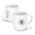 A stackable white espresso mug featuring a simple design and logo. Ideal for serving coffee drinks.