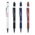 A set of four metal pens in black, white, blue, and red, each with a logo and stylus tip.