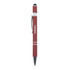 A metal pen in a deep red colour with a silver clip and an accompanying stylus tip, featuring a logo.