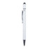 A white metal pen featuring a sleek design and a clip, with a stylus tip on one end. It has a branding logo.