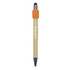 A bamboo spinner pen with an orange grip and black tip, featuring a logo.