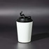 A travel mug with a black lid and a sleek white body, featuring a logo on the side.