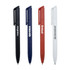 Four ballpoint pens in black, navy, red, and white, each featuring a logo on the barrel.